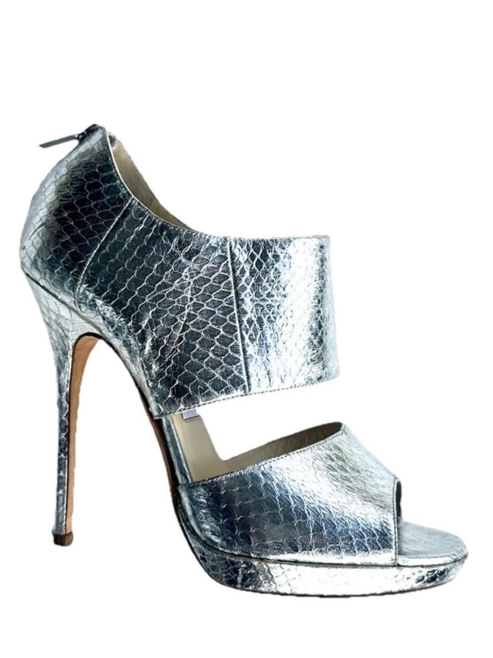 Jimmy Choo Silver Snakeskin Textured High Heel Peep Toe Shoes Sandals, 38, 8